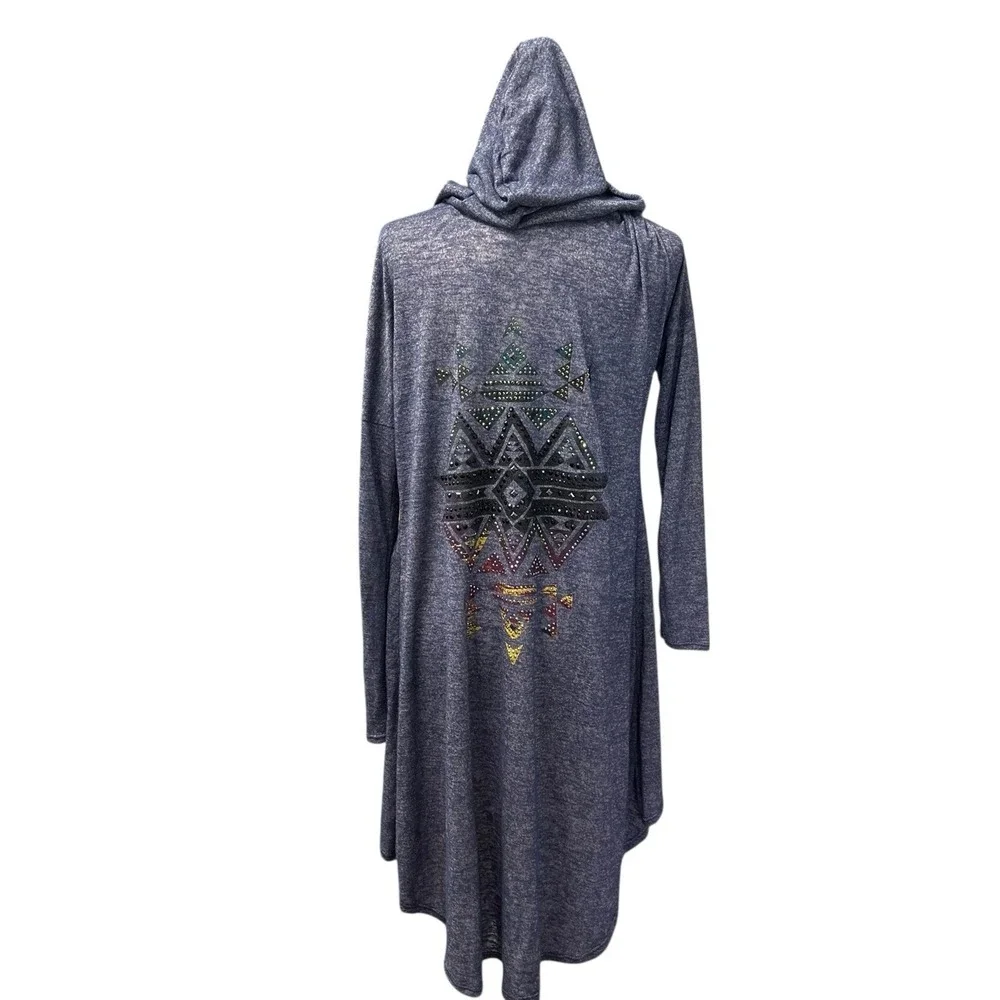 VOCAL Womens Hoodie Tunic Cardigan Size XL Aztec Studded Lightweight Jacket Boho - Picture 4 of 11